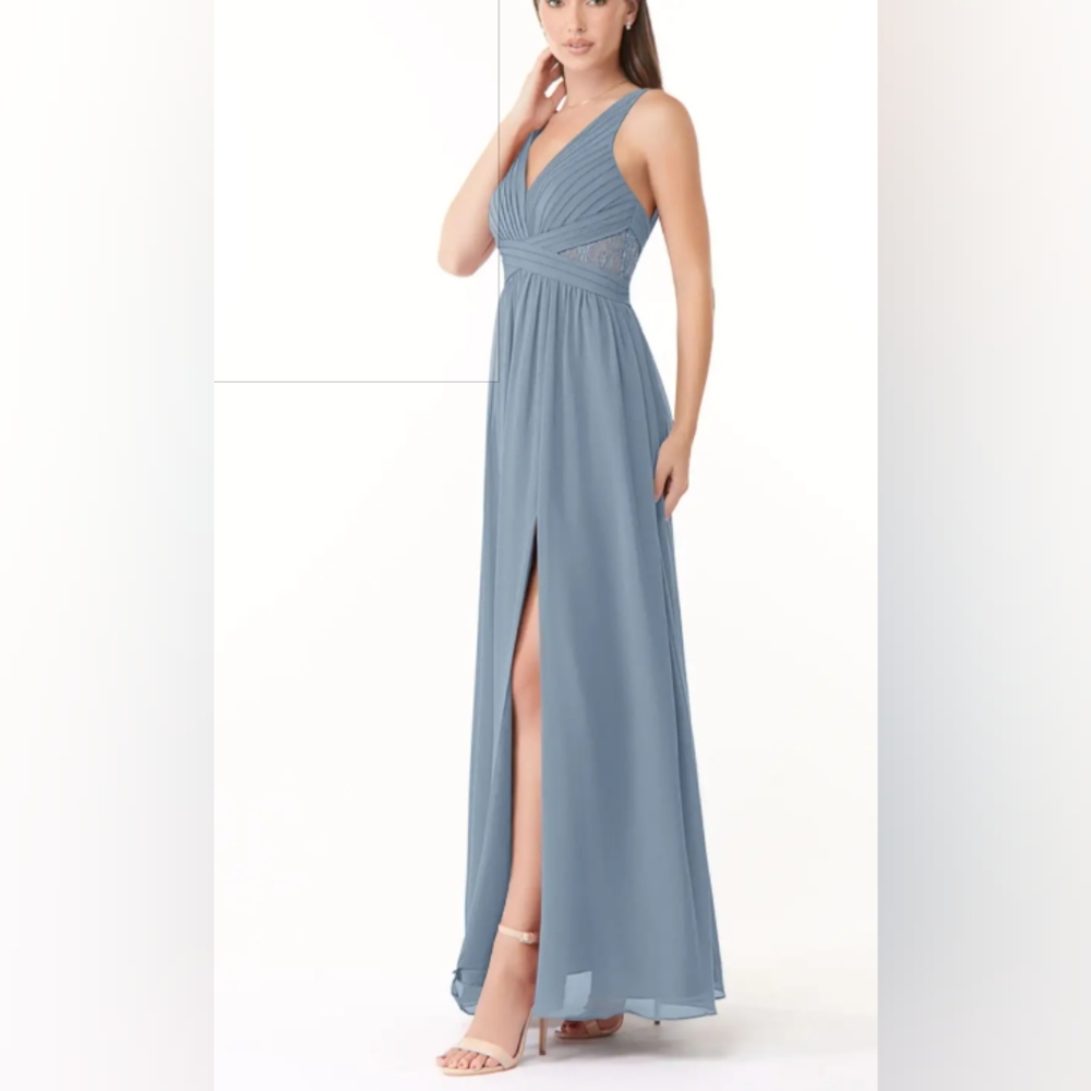 Azazie Dusty Blue V-Neck Chiffon Wedding Dress with Side Slit